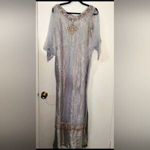Sophia Beaded Sequin Silver And Gold Embellished Sheer Overlay Dress Size Medium